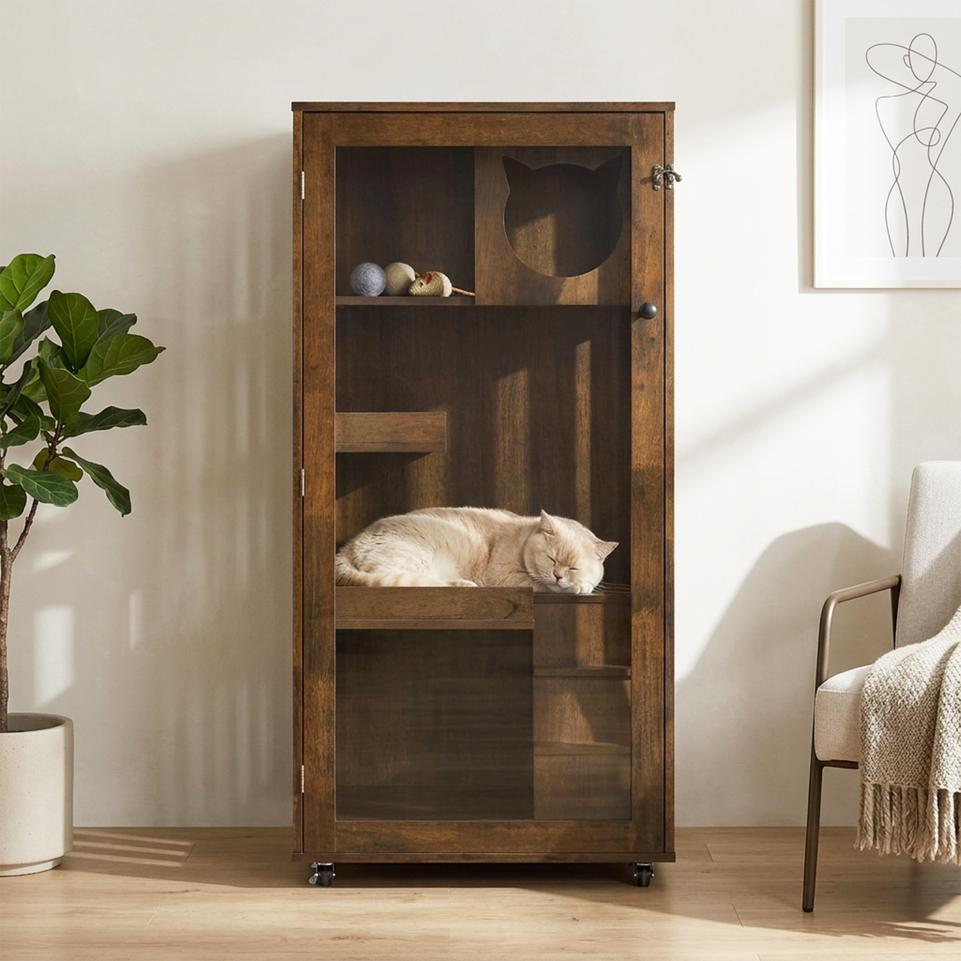 Basia Indoor Rubber Wood Cat Cabinet with cat silhouette cutout, sleeping cat inside on Tampa Home & Garden Store