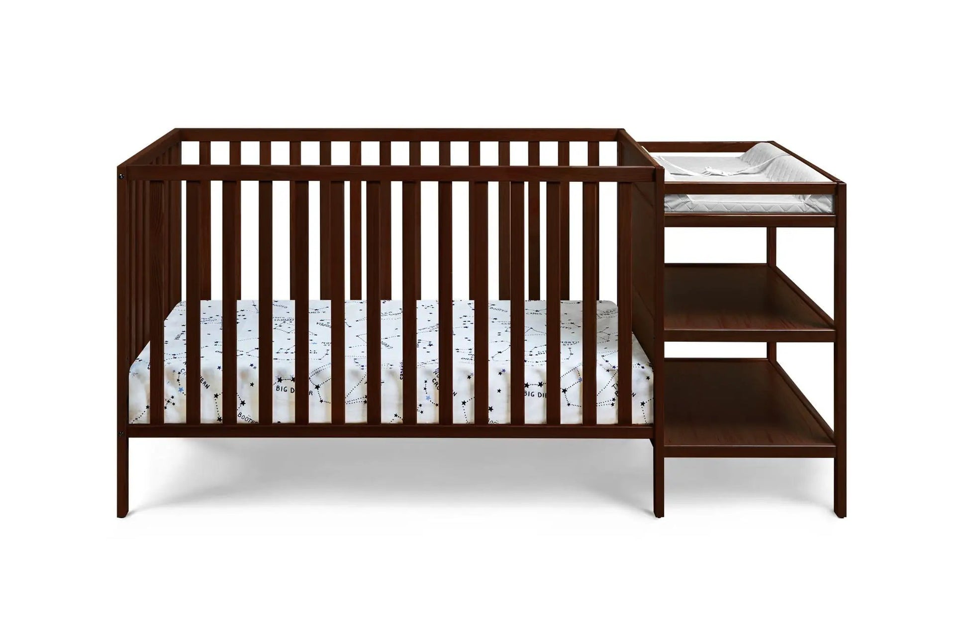 Palmer 3-in-1 Convertible Crib Changer in dark wood with changing station and shelves on Tampa Home & Garden Store