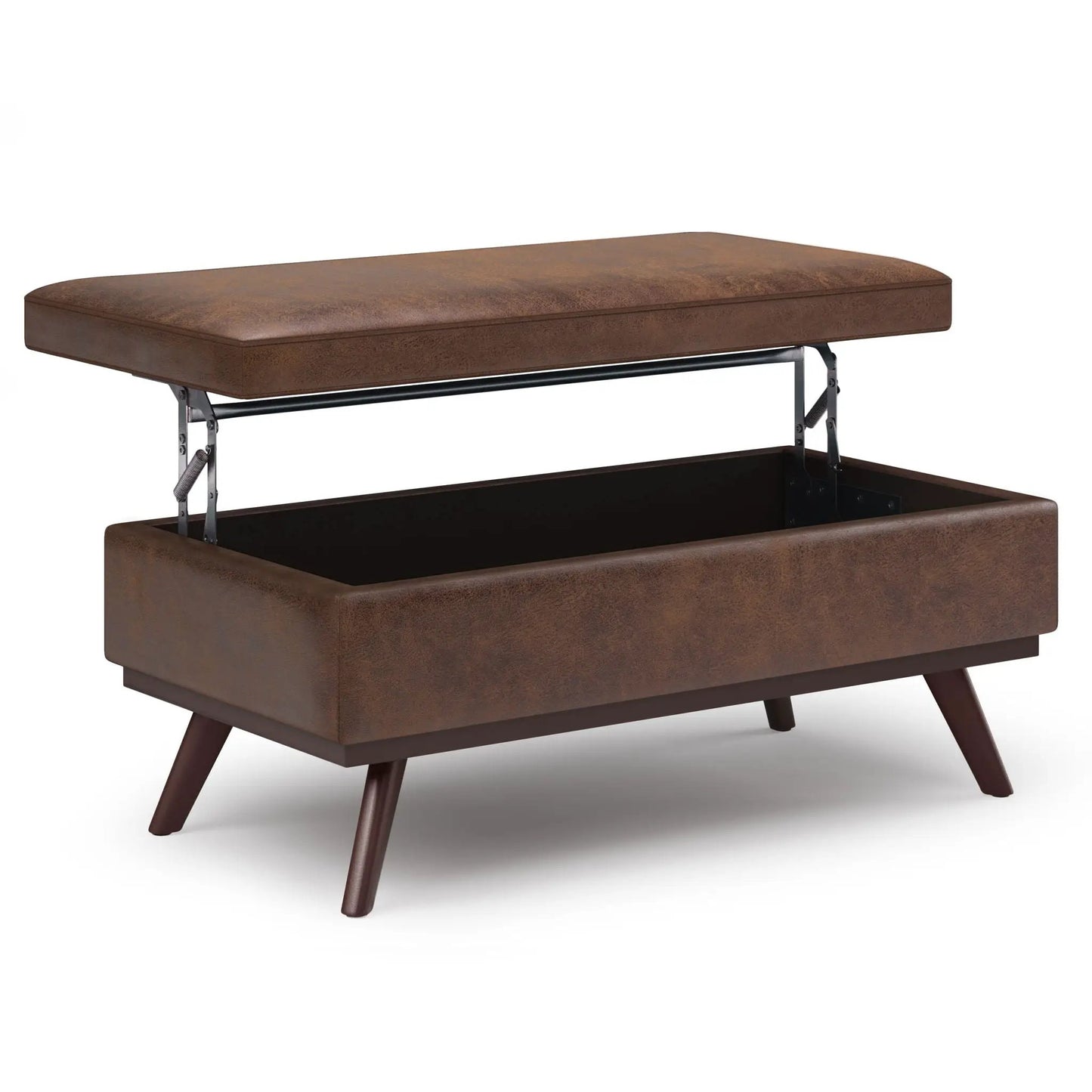 Owen lift-top large coffee table storage ottoman in brown leather with mid-century metal frame on Tampa Home & Garden Store