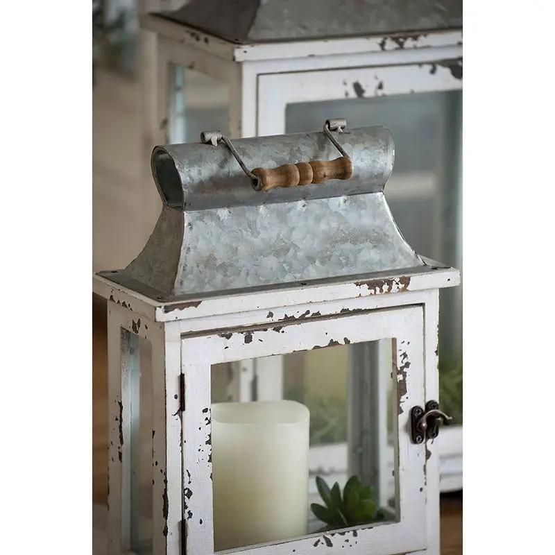 Wooden candle lantern with white finish and wood handle, metal top by Unique Piece Furniture on Tampa Home & Garden Store