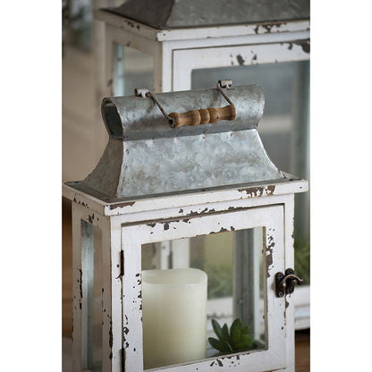 Wooden candle lantern with white frame and galvanized top, candle inside HouseOfZazla on Tampa Home & Garden Store