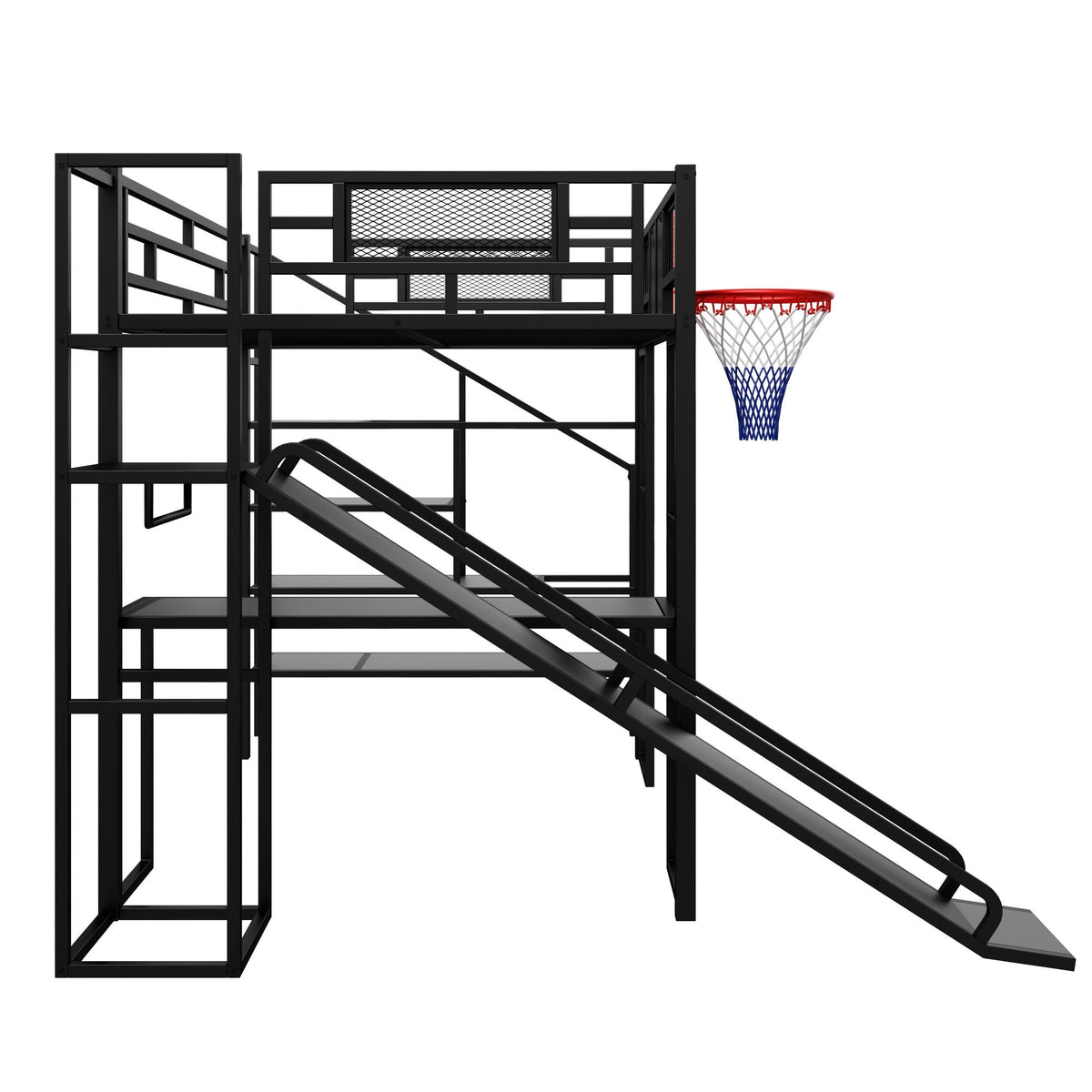Loft bed with built-in desk, open wardrobe, slide and basketball hoop in black metal by HouseOfZazla on Tampa Home & Garden Store