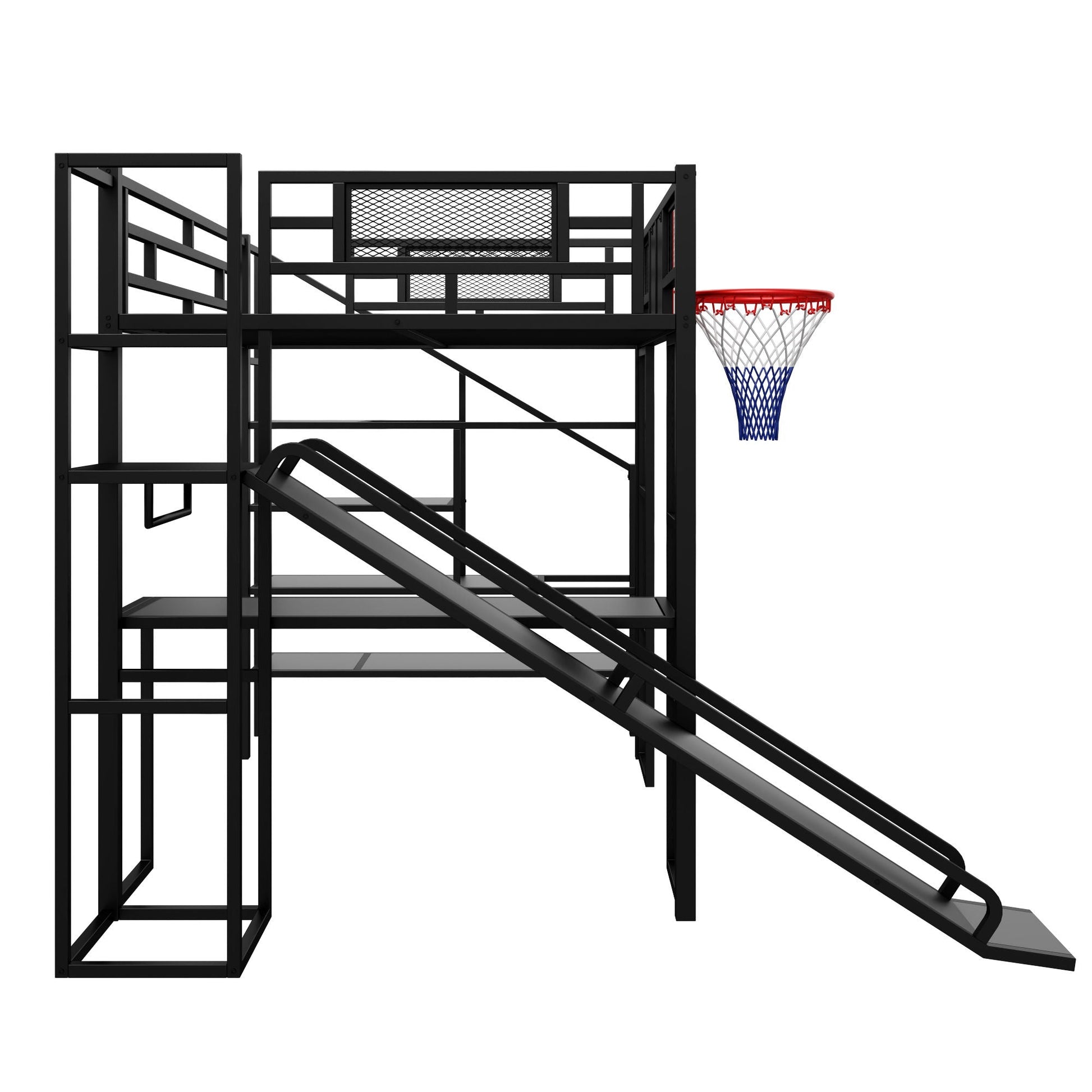 Loft bed with built-in desk, open wardrobe, slide and basketball hoop in black metal by HouseOfZazla on Tampa Home & Garden Store