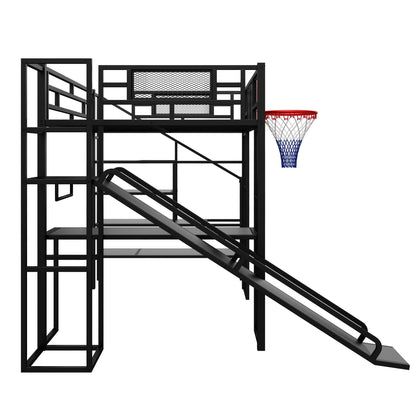 Loft bed with built-in desk, open wardrobe, slide and basketball hoop in black metal by HouseOfZazla on Tampa Home & Garden Store