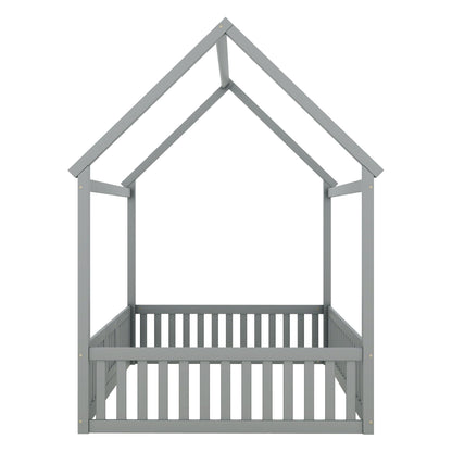 Wood House Bed with Fence and Door platform bed frame in gray by HouseOfZazla on Tampa Home & Garden Store