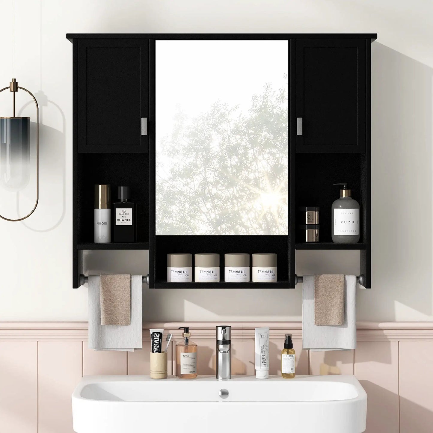 Wall mounted medicine cabinet with mirror, black finish, side doors and towel bars on Tampa Home & Garden Store