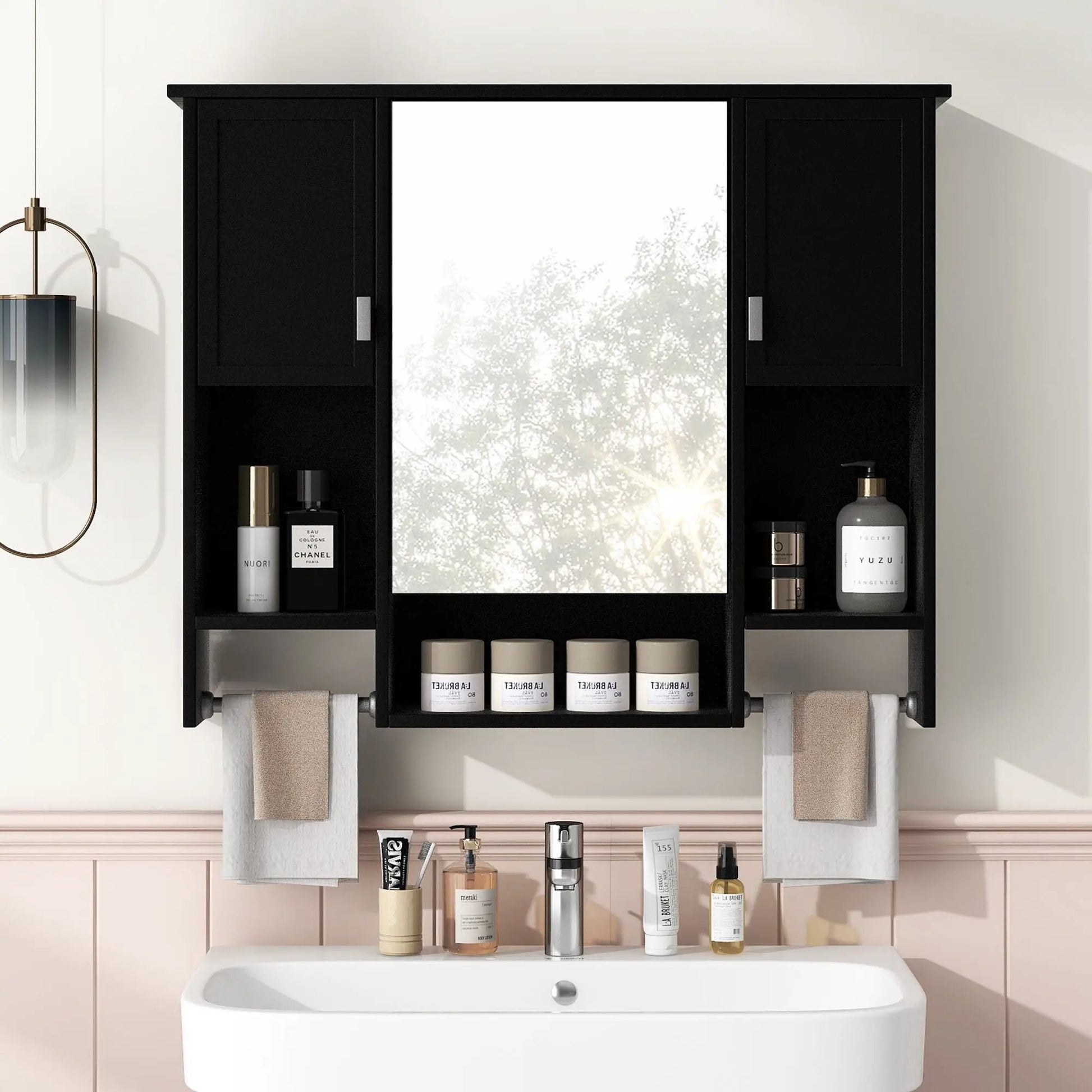 Wall mounted medicine cabinet with mirror, black finish, side doors and towel bars on Tampa Home & Garden Store