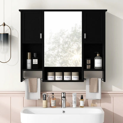 Wall mounted medicine cabinet with mirror, black finish, side doors and towel bars on Tampa Home & Garden Store