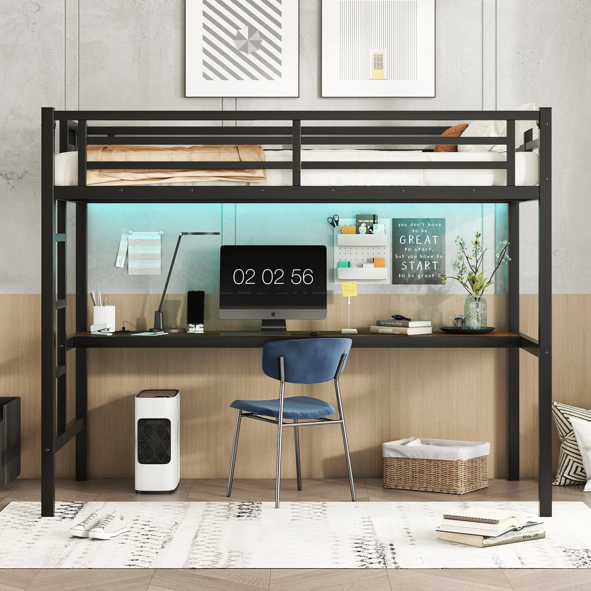 Metal twin XL loft bed with desk in black finish and under-bed workspace, HouseOfZazla on Tampa Home & Garden Store