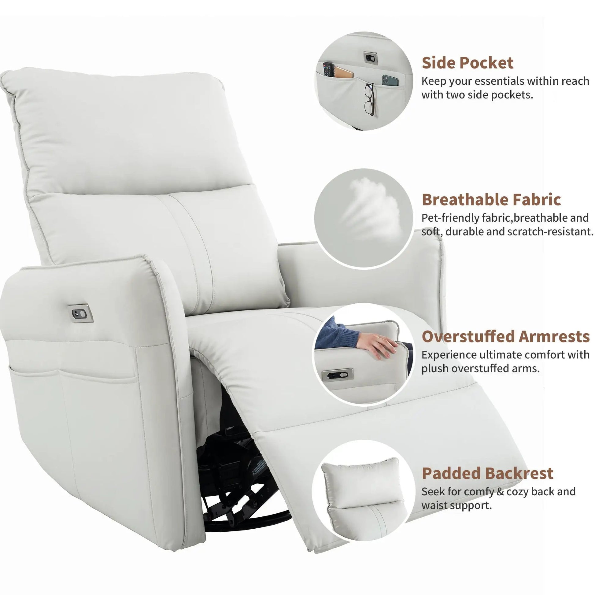 Swivel Rocker Recliner Chair with USB ports in light gray upholstery by Unique Piece Furniture on Tampa Home & Garden Store