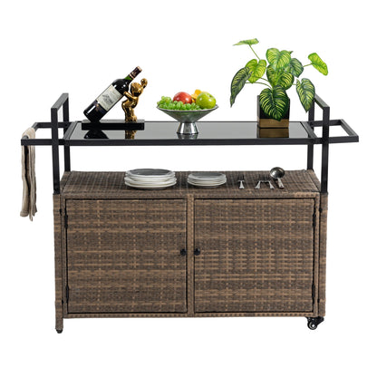 Outdoor Wicker Bar Cart with Glass Top and Wheels, black wicker frame on Tampa Home & Garden Store