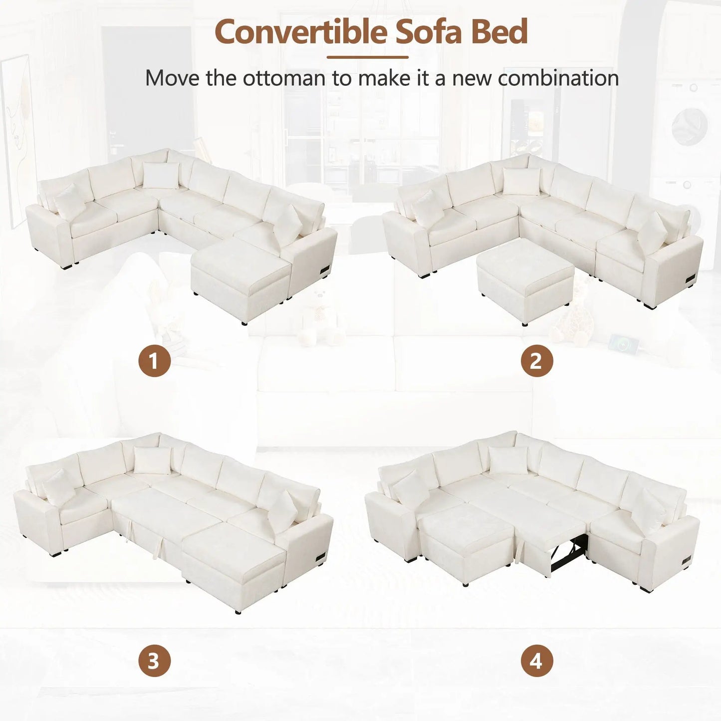 Sectional sofa pull-out bed beige fabric with storage ottoman cushions by Unique Piece Furniture on Tampa Home & Garden Store
