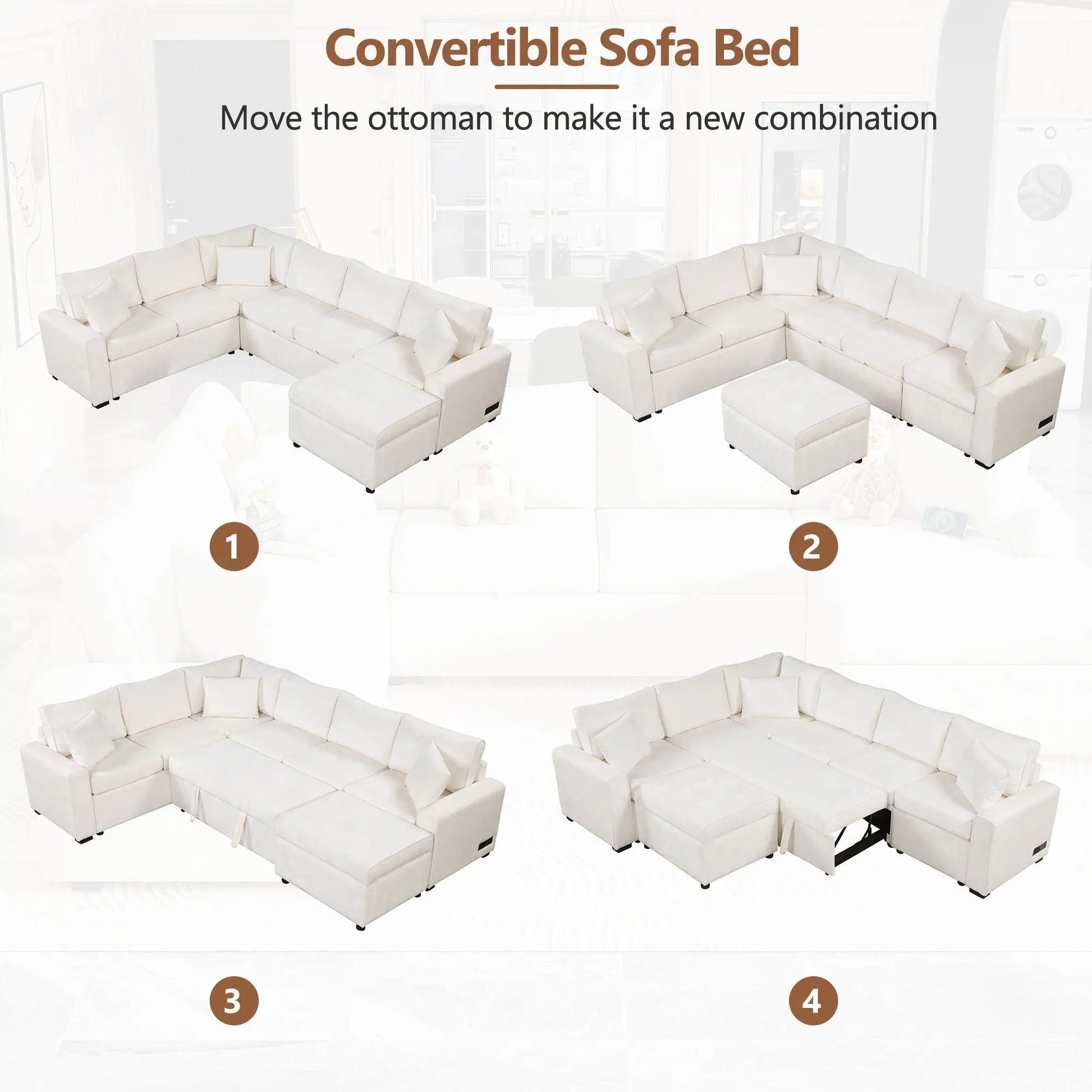 Sectional sofa pull-out bed beige fabric with storage ottoman cushions by Unique Piece Furniture on Tampa Home & Garden Store