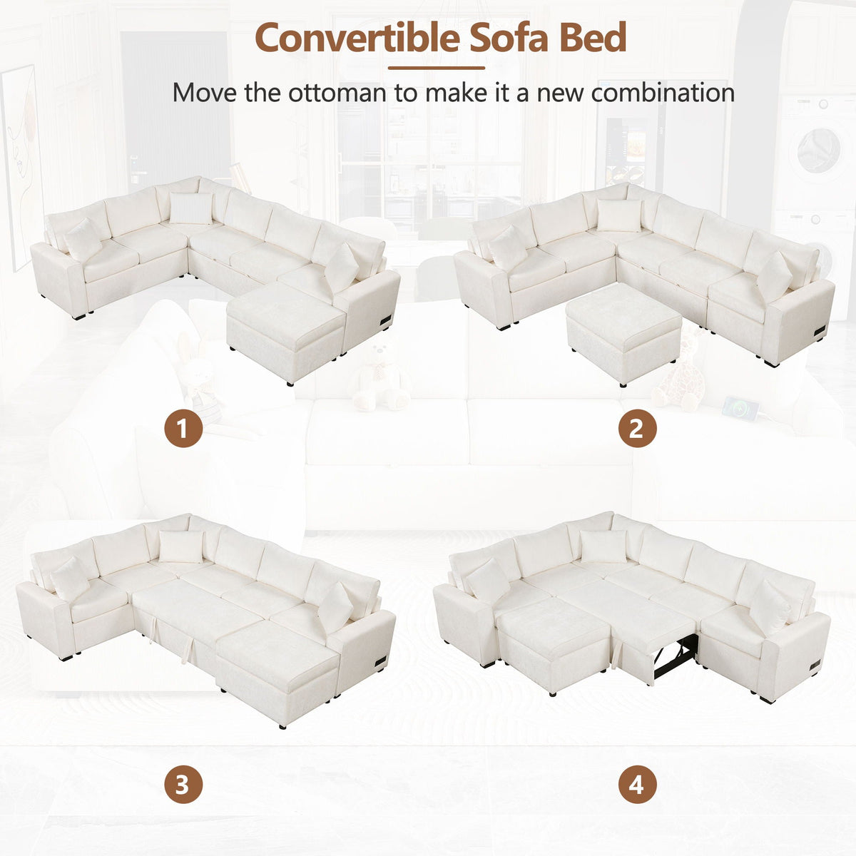 Sleeper sectional with storage ottoman in cream fabric, three pillows and charging ports on Tampa Home & Garden Store