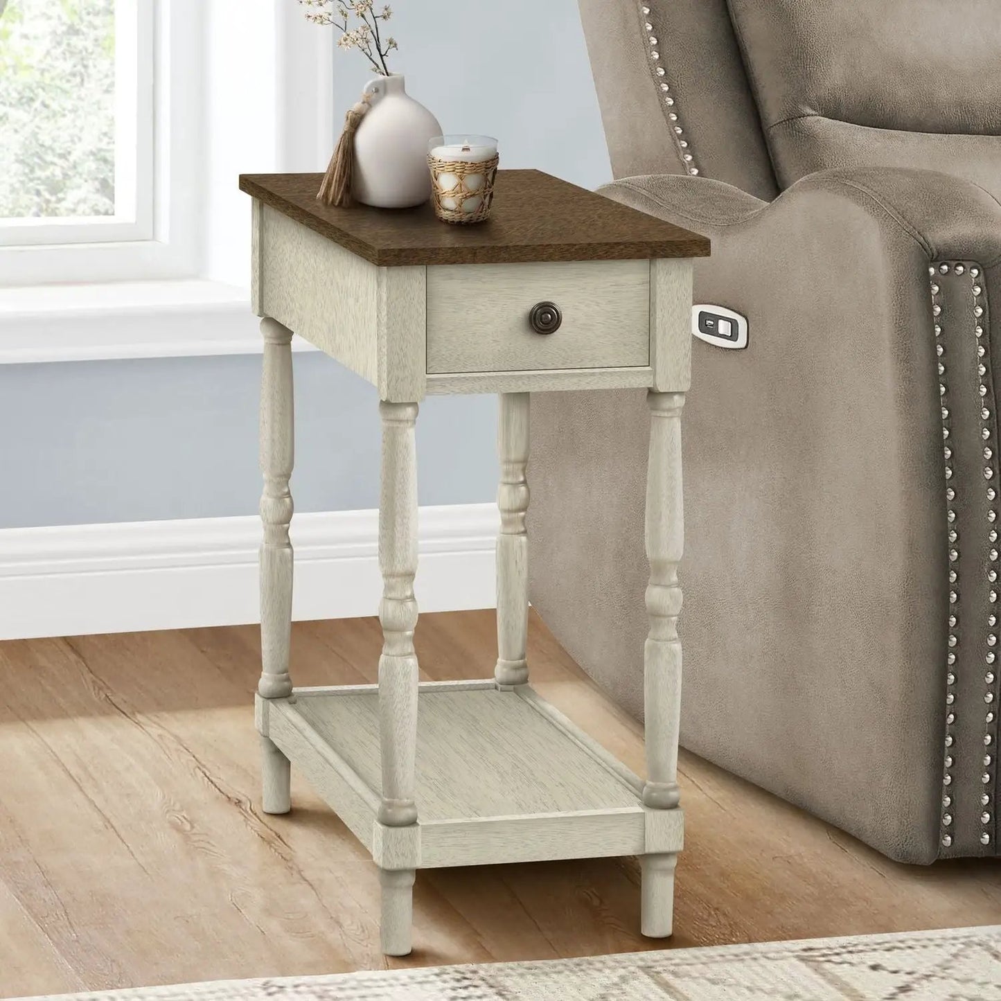 Accent End Table by Unique Piece Furniture, 2-tier with drawer, cream finish and wood top on Tampa Home & Garden Store