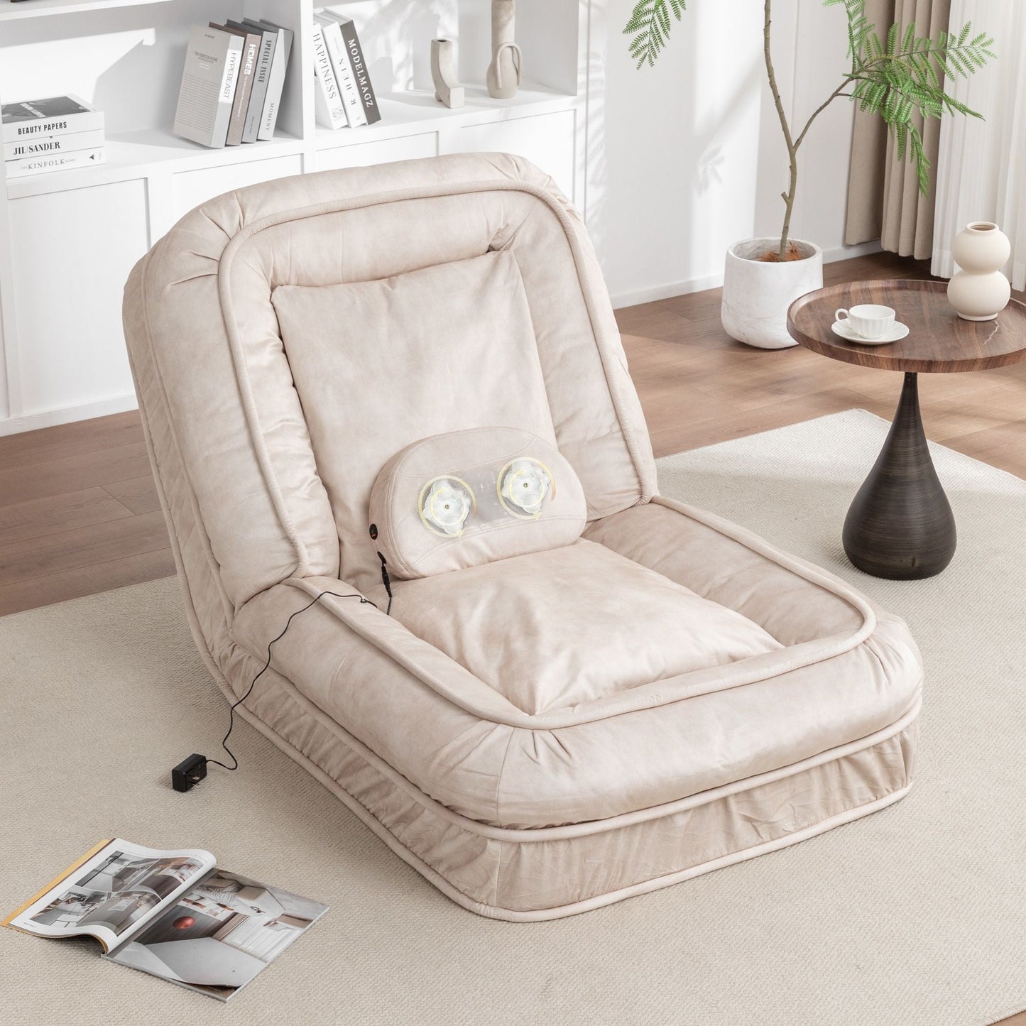 Beige upholstered massage bean bag floor chair with built-in pillow and 2 soft cushions on Tampa Home & Garden Store