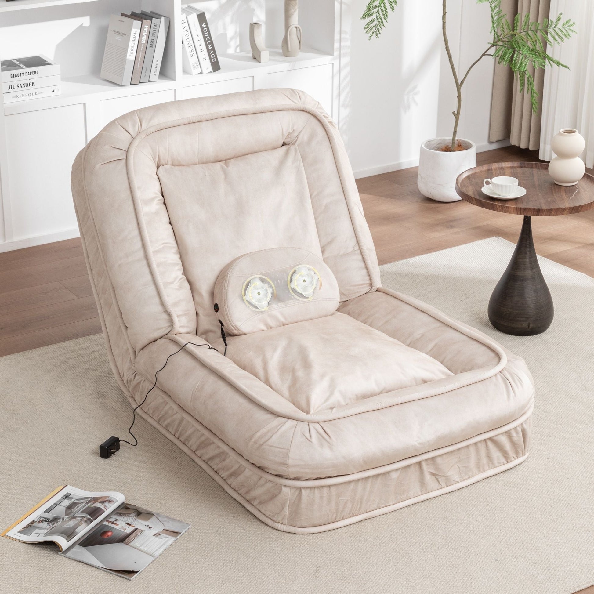 Beige upholstered massage bean bag floor chair with built-in pillow and 2 soft cushions on Tampa Home & Garden Store