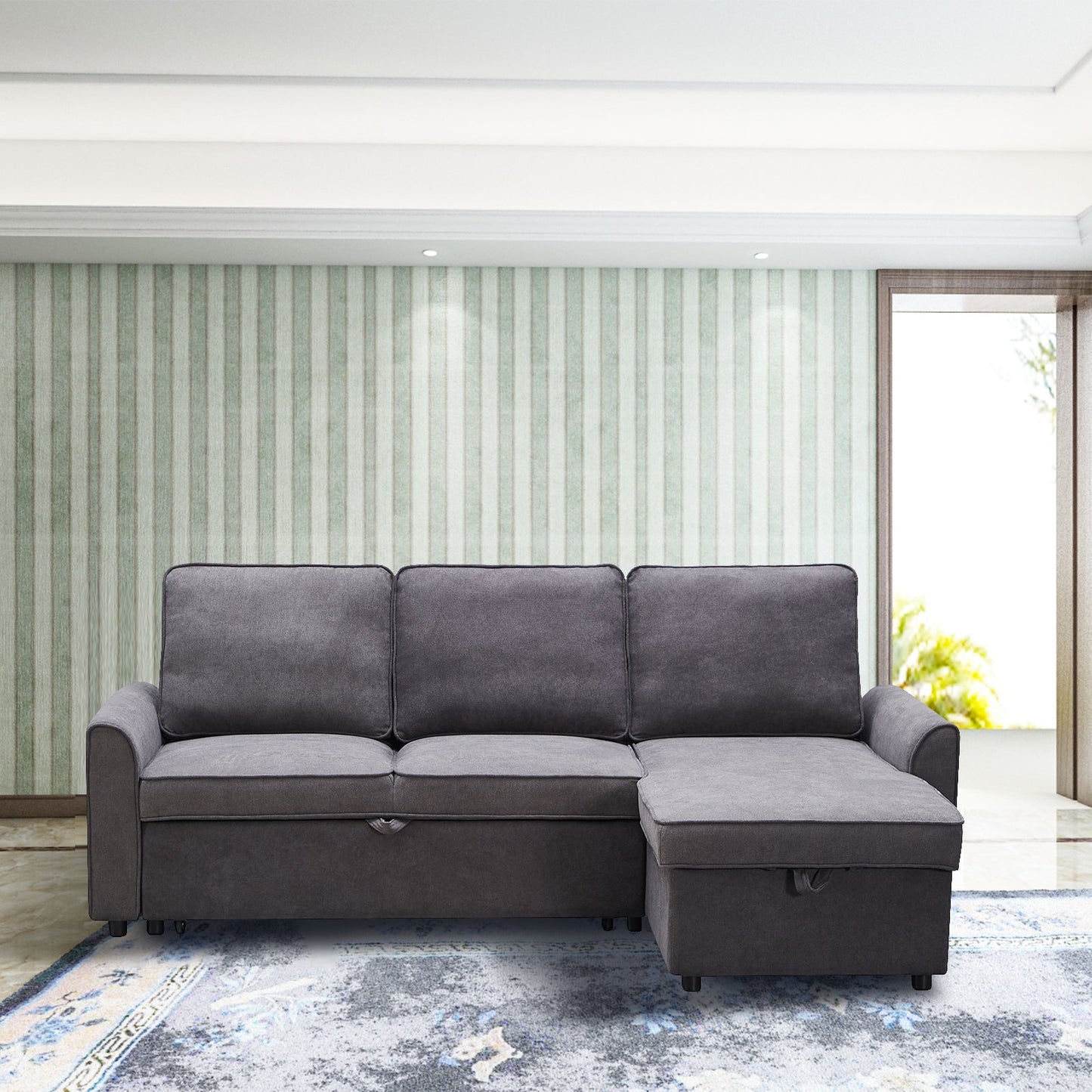 Modular L-shaped sofa bed with chaise in dark grey linen by HouseOfZazla on Tampa Home & Garden Store