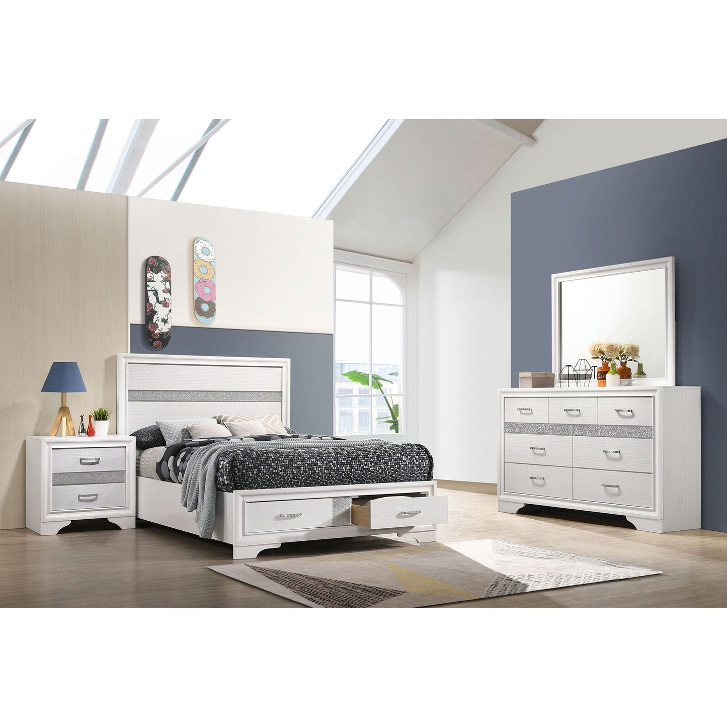 Annie 4-Piece Bedroom Set by HouseOfZazla; white wood with storage bed, dresser with mirror on Tampa Home & Garden Store