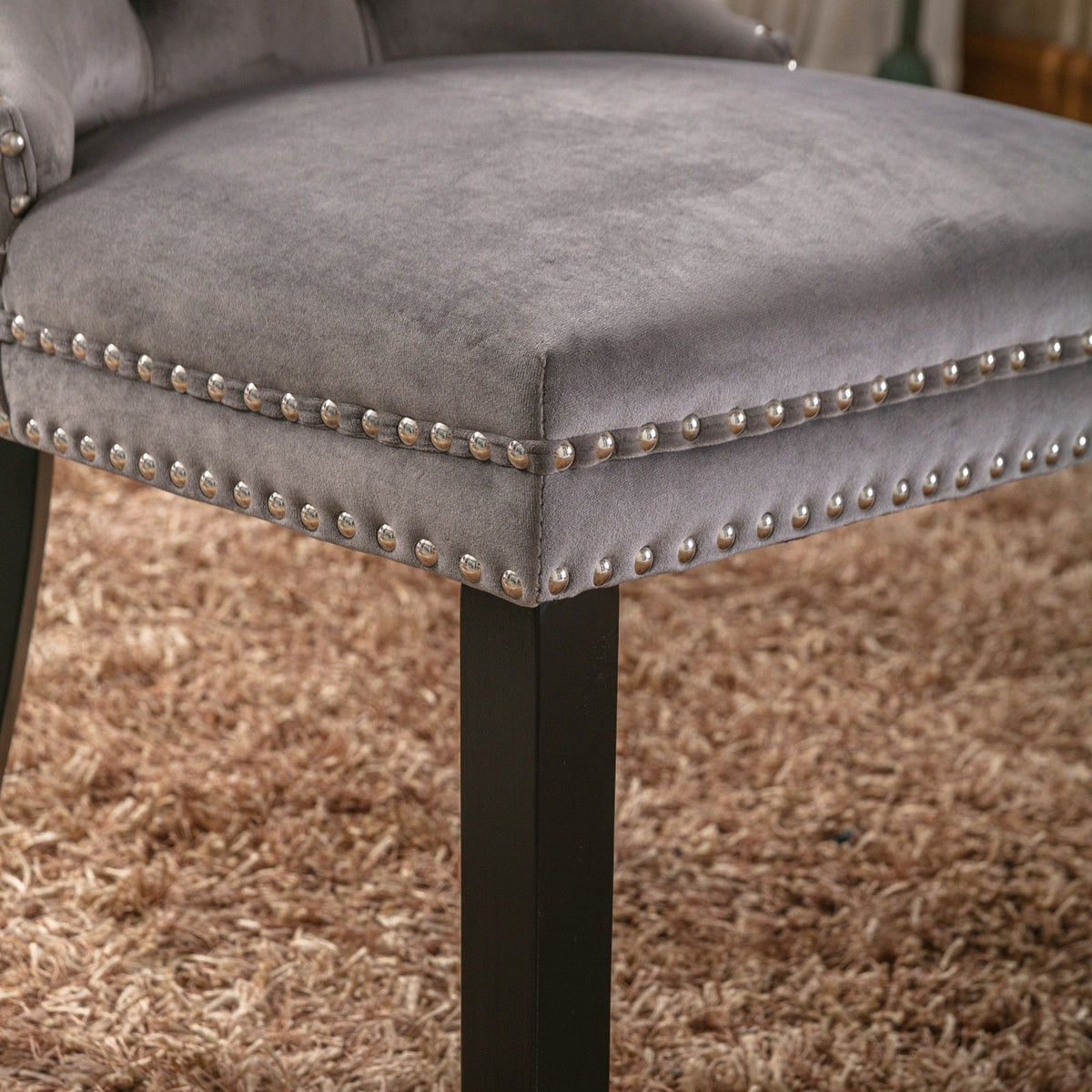 Tufted dining chair set gray velvet upholstery with nailhead trim and black legs HouseOfZazla on Tampa Home & Garden Store