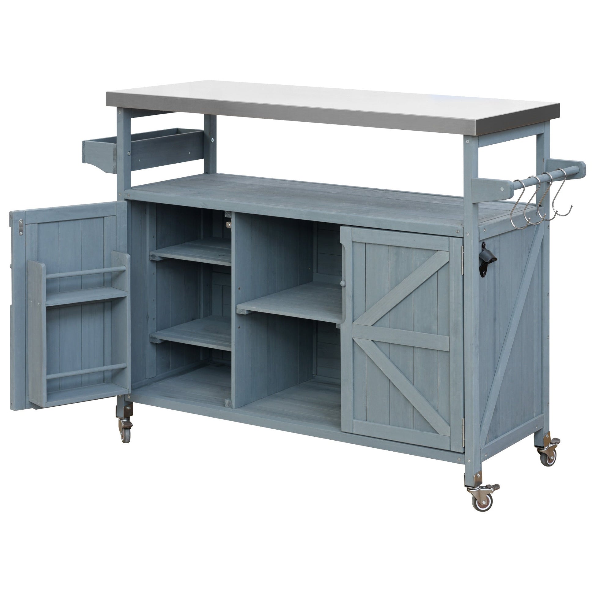 K&K Outdoor Kitchen Island with rolling bar cart and storage blue gray finish by HouseOfZazla on Tampa Home & Garden Store