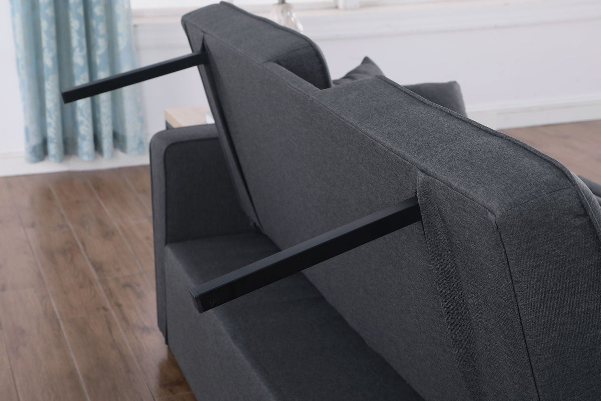 Convertible sleeper loveseat in dark gray fabric with black metal arm support on Tampa Home & Garden Store