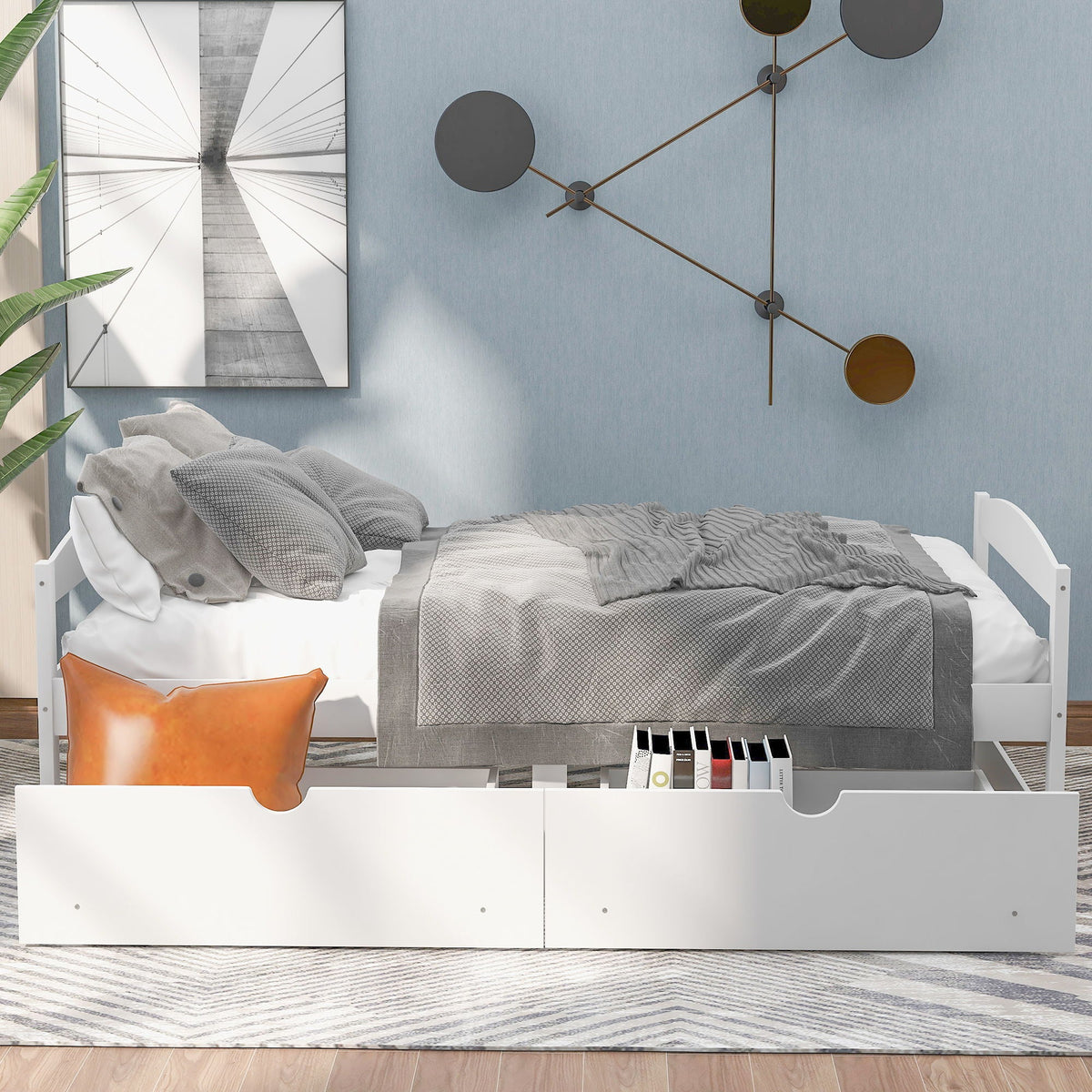 Platform bed with 2 under-bed drawers in white finish and gray bedding on Tampa Home & Garden Store