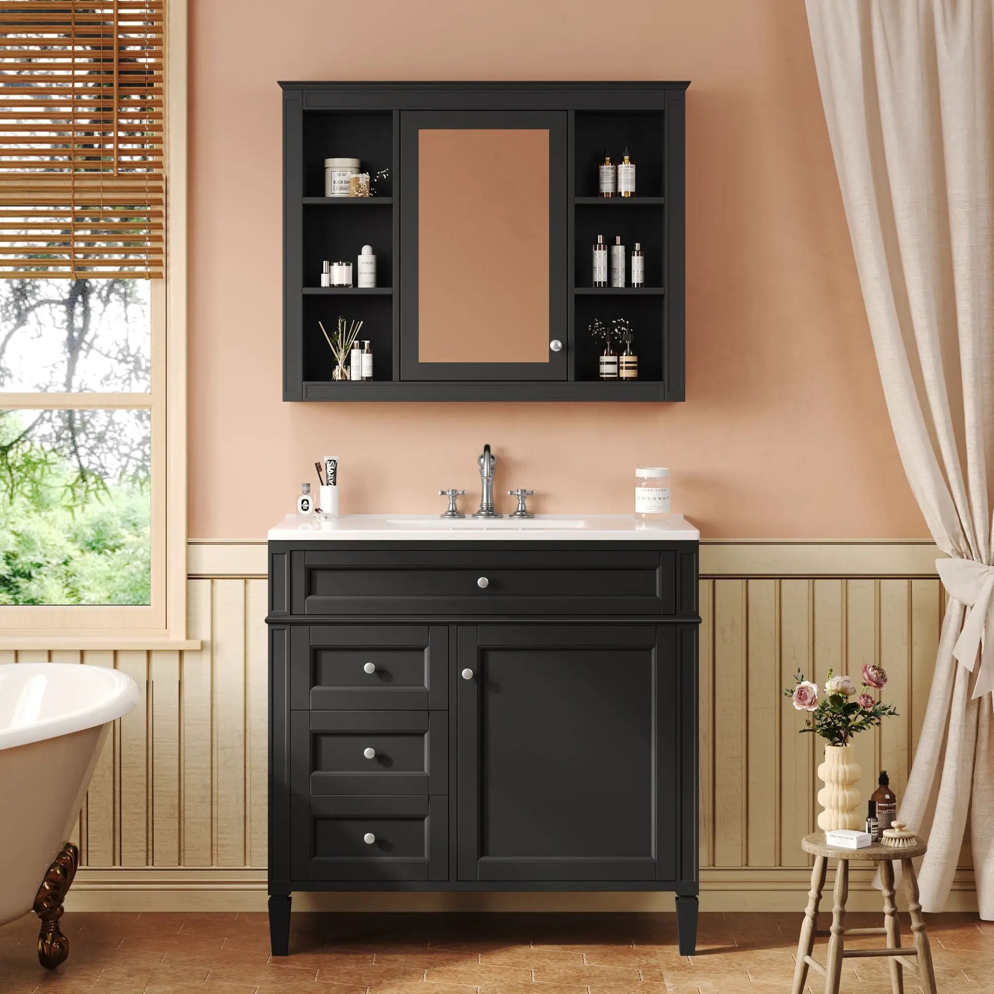 Bathroom vanity with mirror cabinet in dark charcoal, 2 soft-closing doors and 4 drawers on Tampa Home & Garden Store