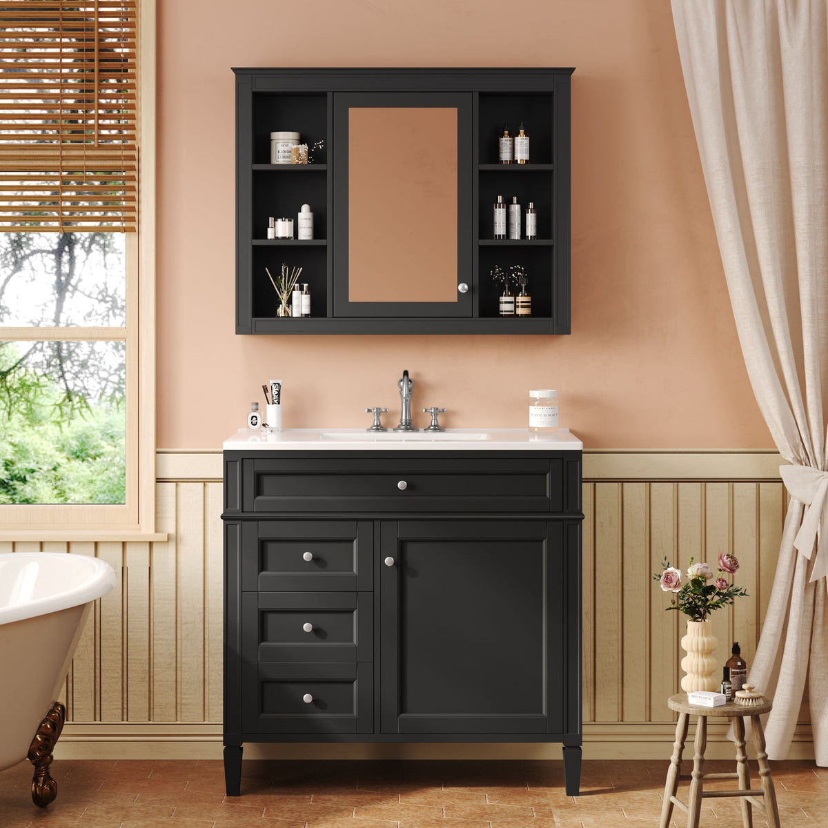 Bathroom vanity with mirror cabinet and single sink in dark charcoal with open side shelves on Tampa Home & Garden Store