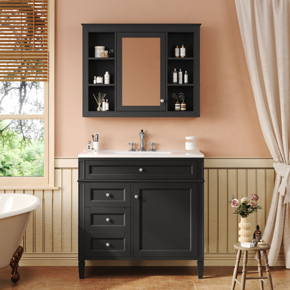 Bathroom vanity with mirror cabinet and single sink in dark charcoal with open side shelves on Tampa Home & Garden Store