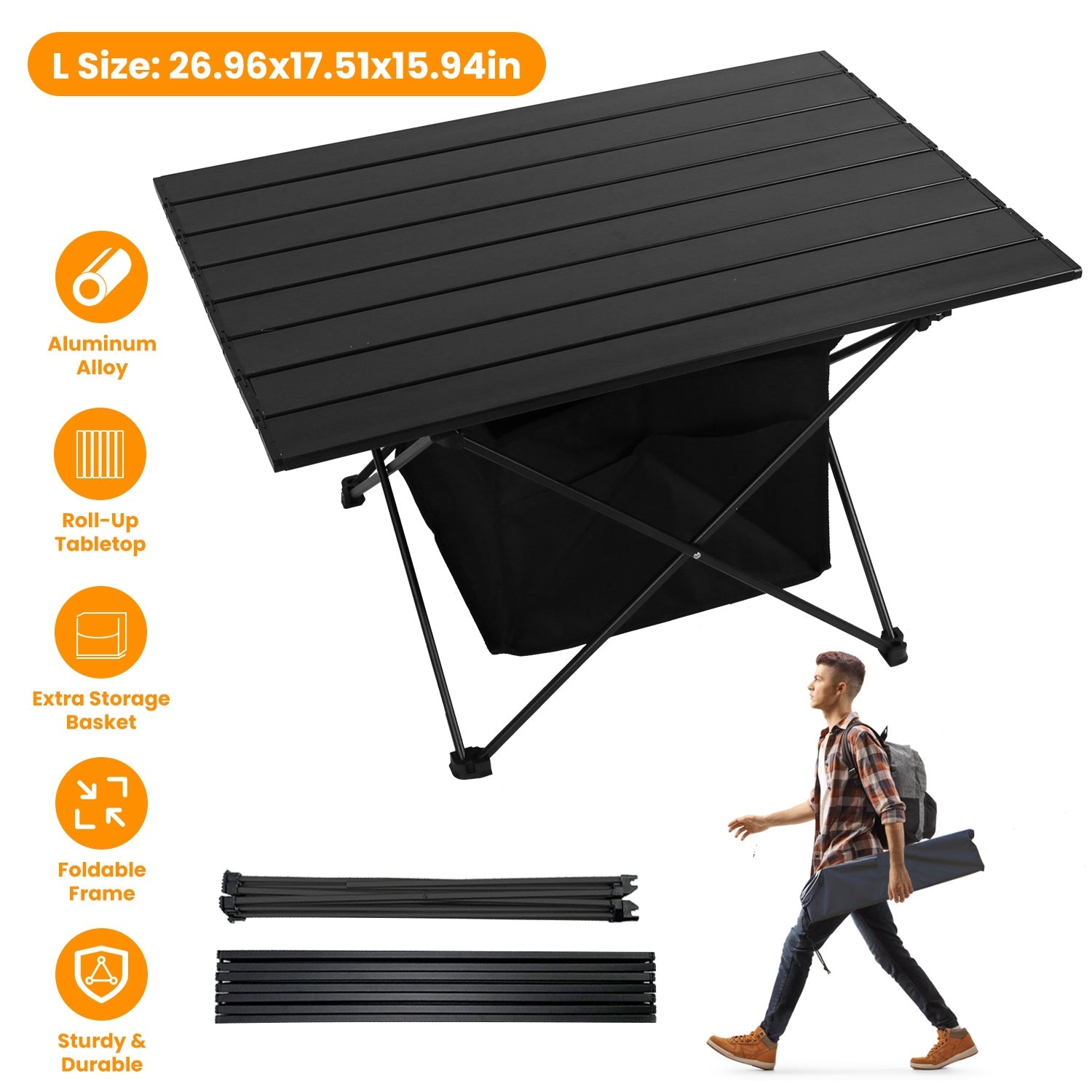 GemGear foldable camping table with aluminum alloy top and storage basket, black portable on Tampa Home & Garden Store
