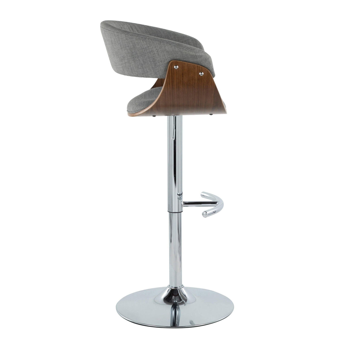 Mid Century Modern adjustable-height swivel barstool, gray fabric, wood back, chrome base on Tampa Home & Garden Store