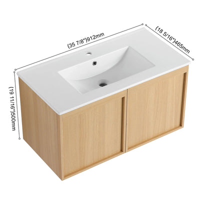 Floating bathroom vanity with sink combo, white sink atop natural oak cabinet on Tampa Home & Garden Store