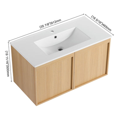 Floating vanity with brown wood finish, white sink, soft-close doors HouseOfZazla on Tampa Home & Garden Store