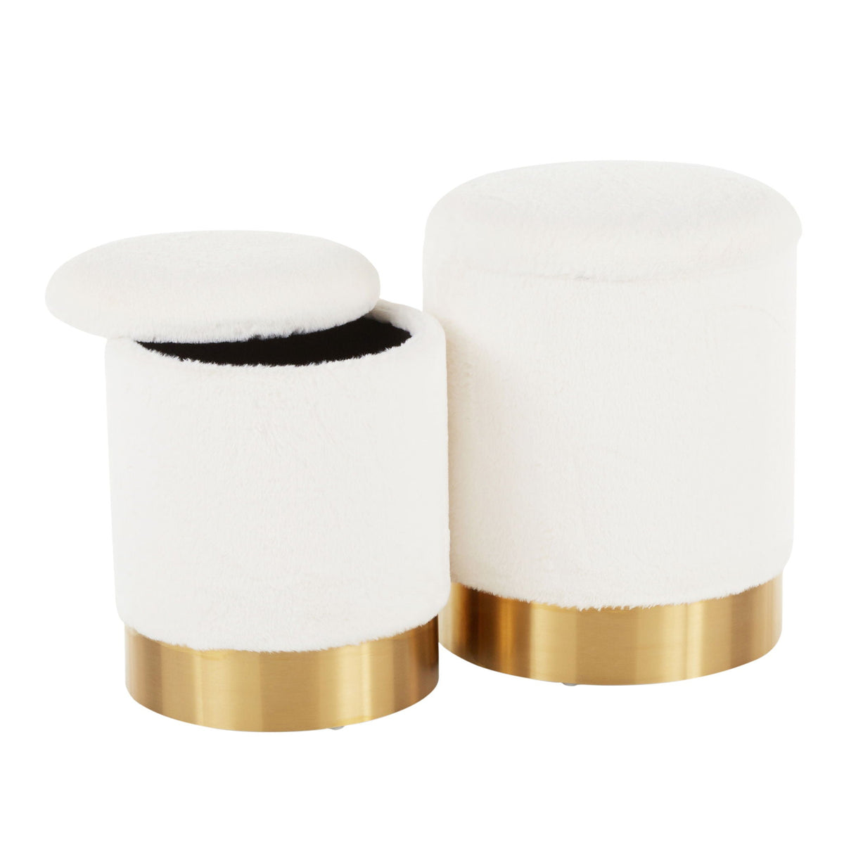 Nesting ottoman set: two white round stools with plush fabric tops and gold metal bases on Tampa Home & Garden Store