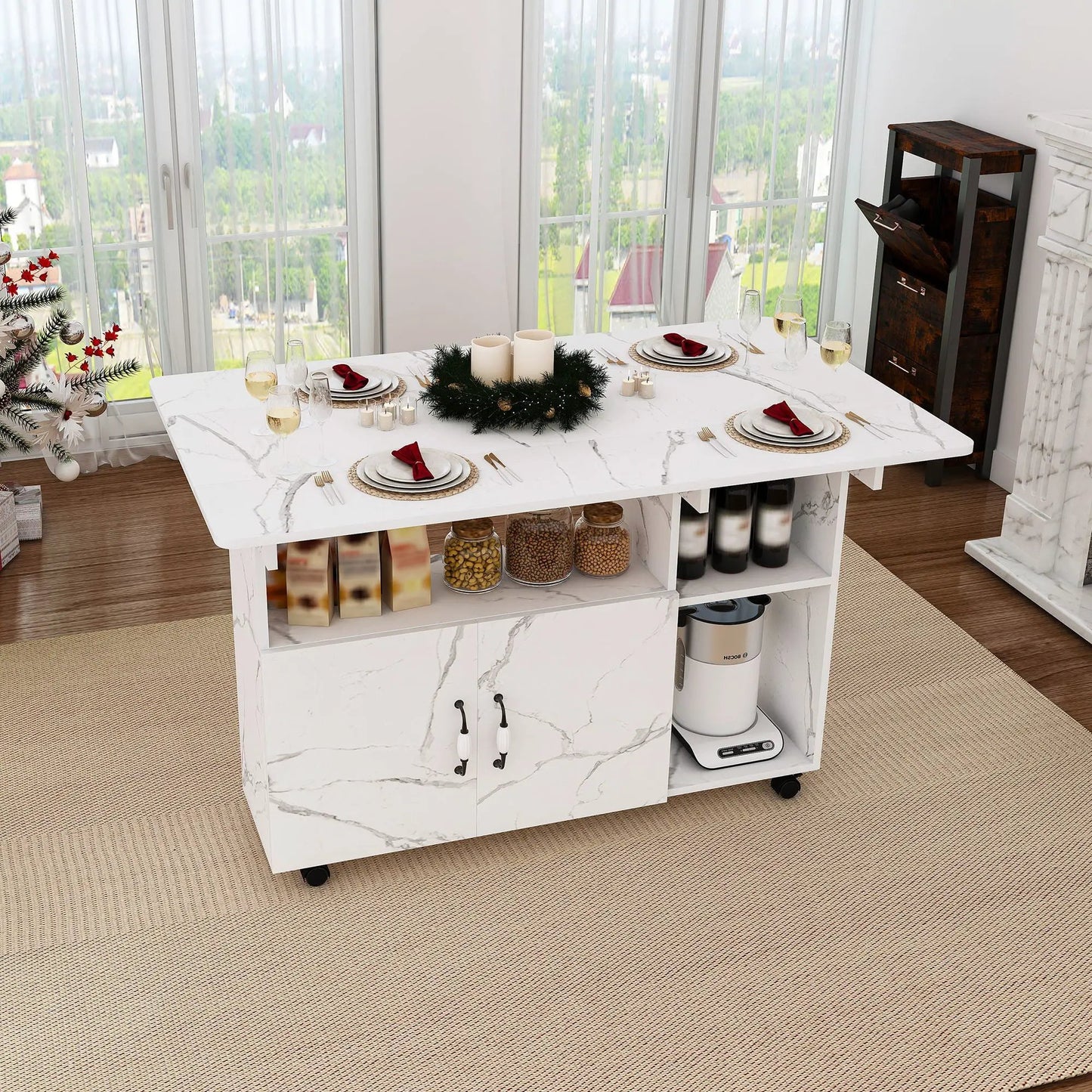 Folding kitchen island with storage shelves and wheels, marble top by Unique Piece Furniture on Tampa Home & Garden Store