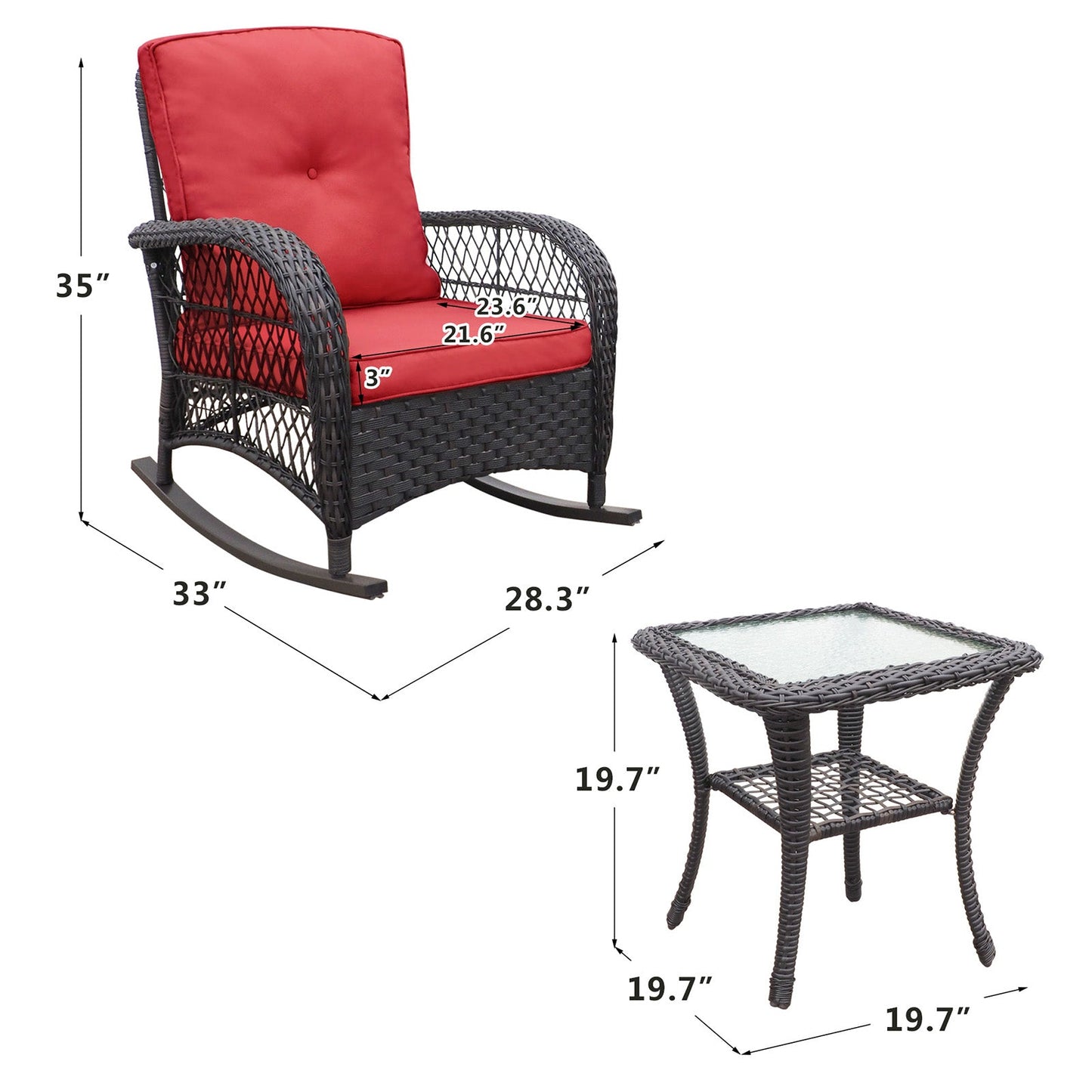 3 Pieces Outdoor Wicker Rocking Chair and Table