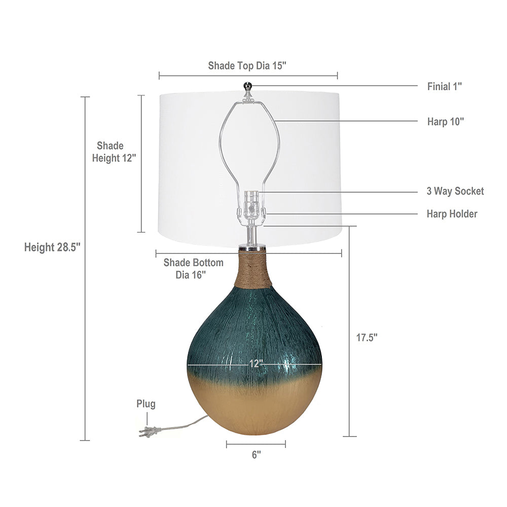 D16x28.5' Glass Table Lamp by HouseOfZazla; teal gradient glass base, white shade on Tampa Home & Garden Store