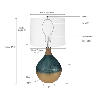 D16x28.5' Glass Table Lamp by HouseOfZazla; teal gradient glass base, white shade on Tampa Home & Garden Store
