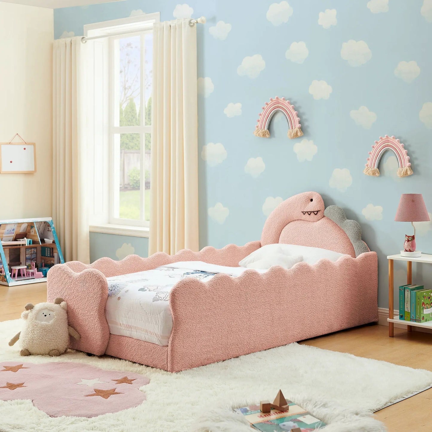 Cute Dinosaur Bed with Guardrail Toddler Frame