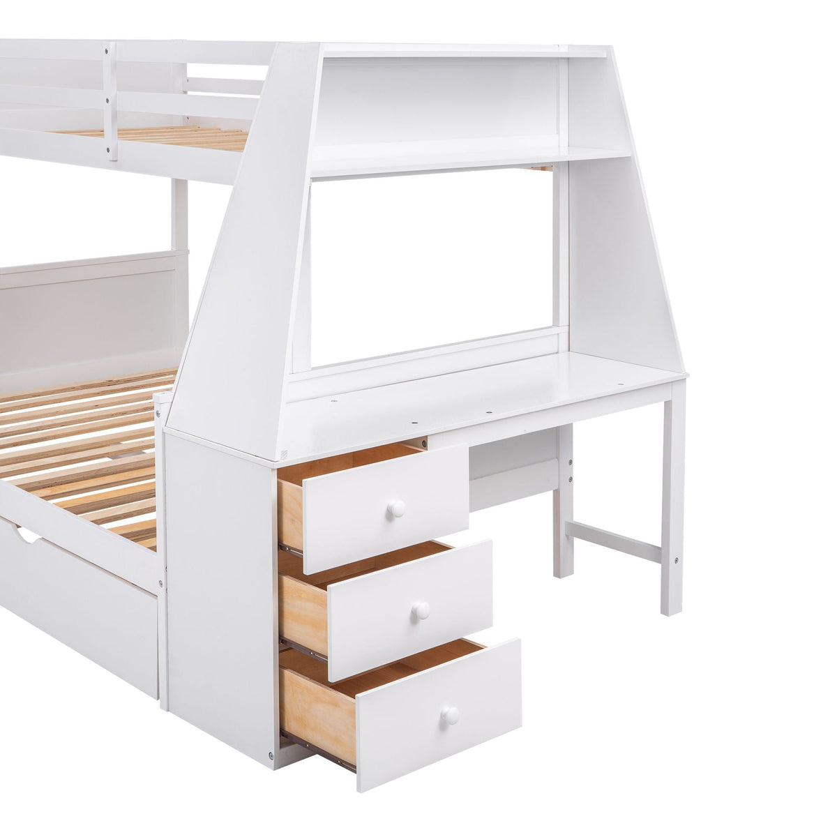 White bunk bed with built-in desk and shelf, 3 white-front drawers with wood interiors on Tampa Home & Garden Store