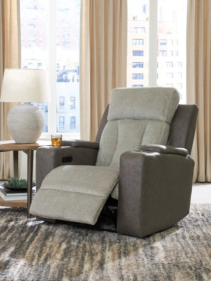 WhipLash power recliner with adjustable headrest in sisal fabric, textured gray-brown upholstery on Tampa Home & Garden Store
