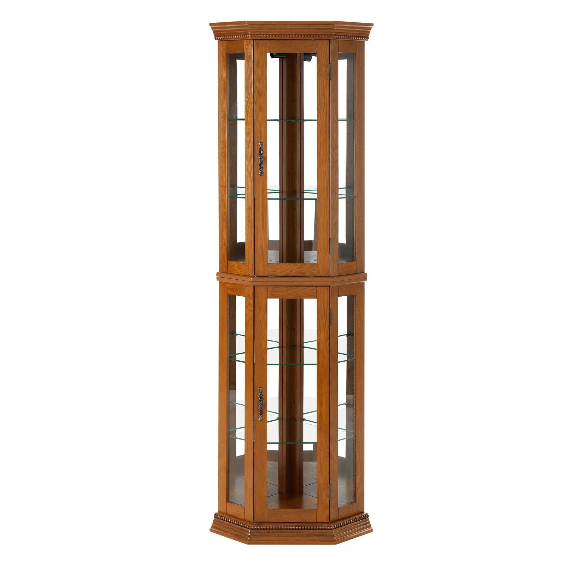 Corner curio cabinet with glass shelves and mirrored back in wood finish Unique Piece Furniture on Tampa Home & Garden Store