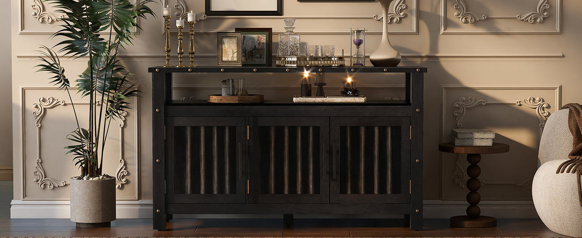 Three Door Pine Wood Buffet Cabinet and Storage in dark finish with vertical slat doors on Tampa Home & Garden Store