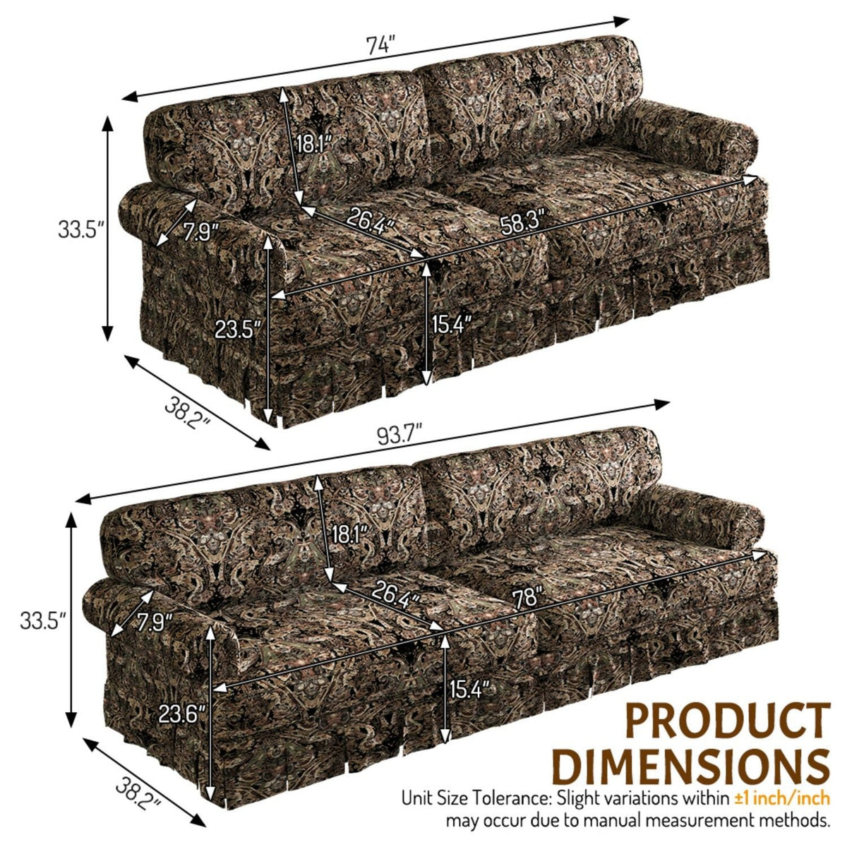 Comfortable Cloud Sofa with rolled arms and skirt in paisley upholstery by HouseOfZazla on Tampa Home & Garden Store