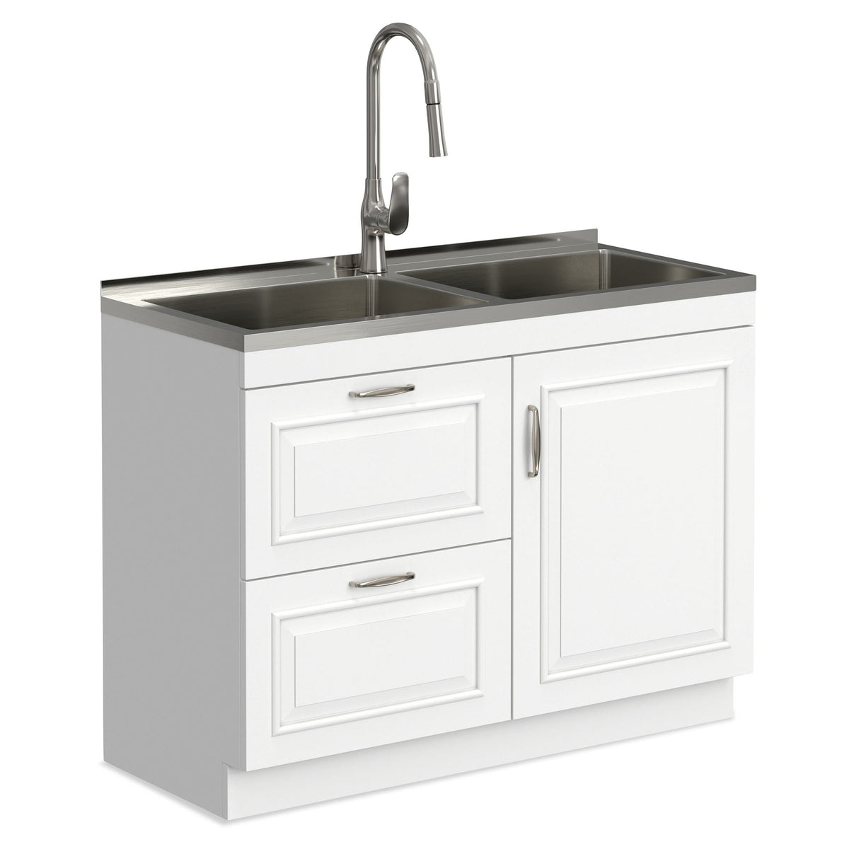 Darwin laundry sink with dual sinks and gooseneck faucet on stainless countertop, white cabinet on Tampa Home & Garden Store