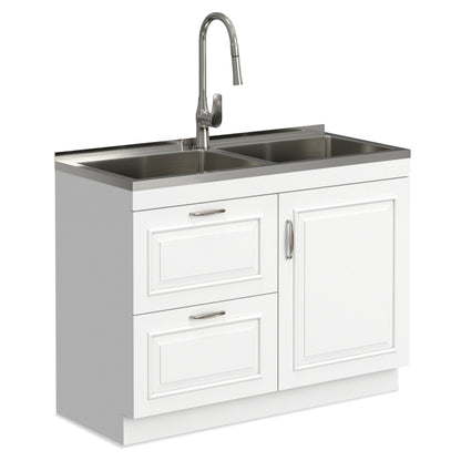 Darwin laundry sink with dual sinks and gooseneck faucet on stainless countertop, white cabinet on Tampa Home & Garden Store