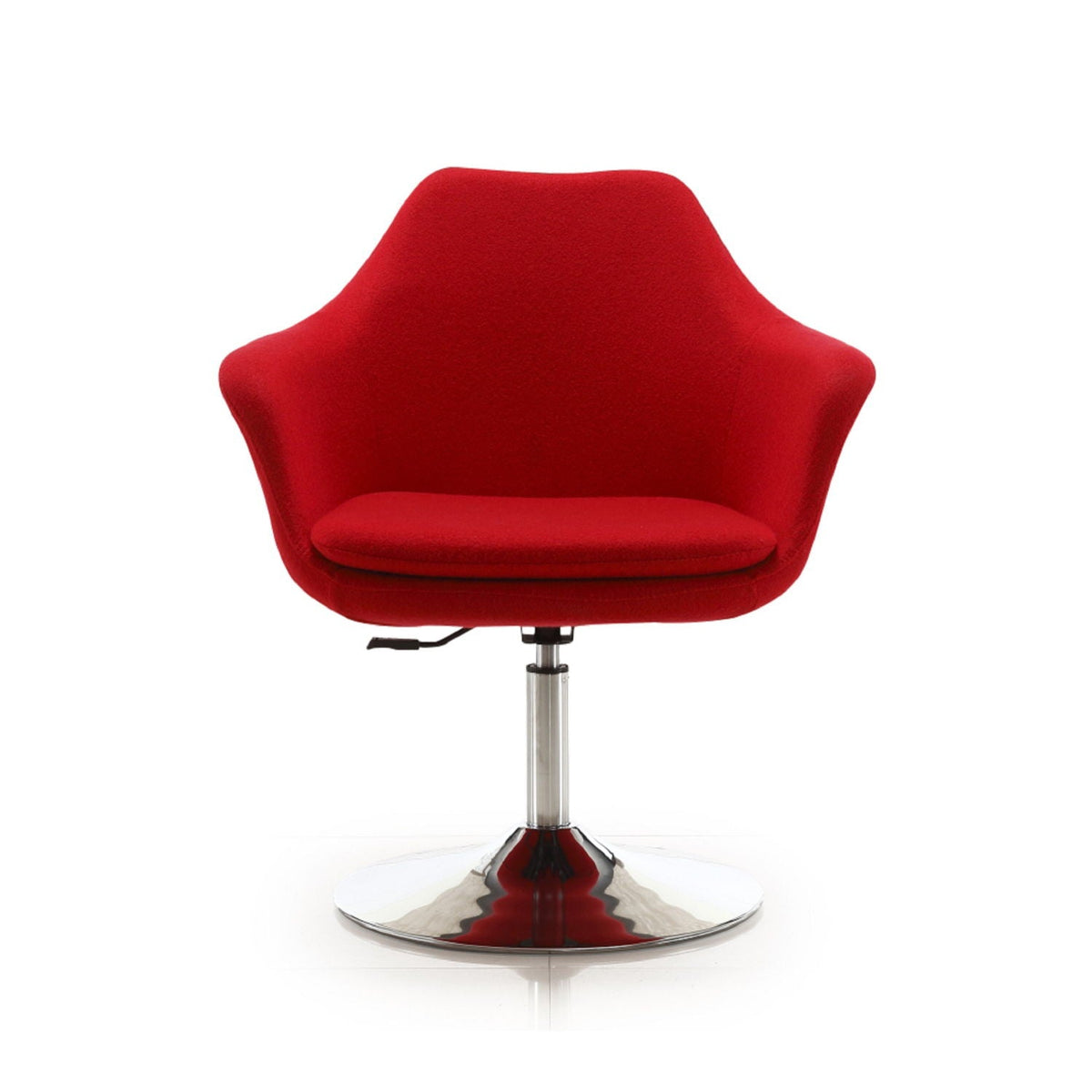 Red upholstered swivel lounge chair with adjustable height and chrome pedestal base on Tampa Home & Garden Store