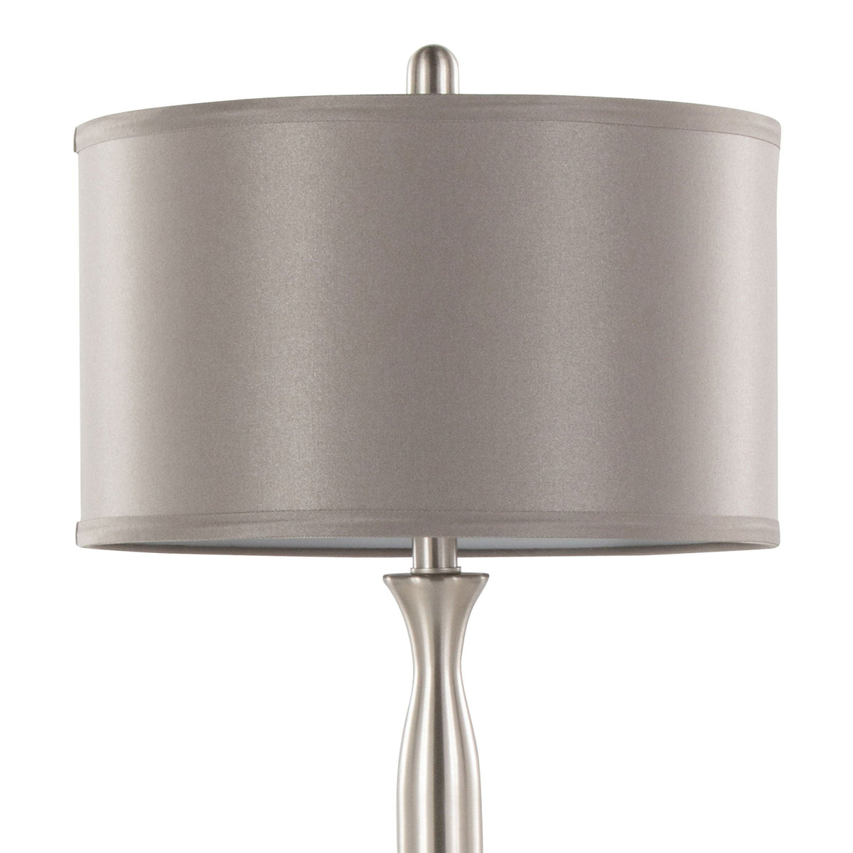 Joan contemporary table lamp with nickel finish and gray satin shade close-up on Tampa Home & Garden Store