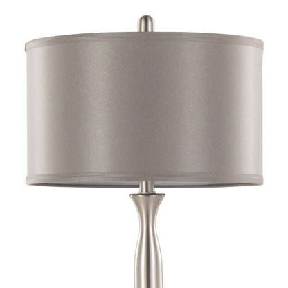 Joan contemporary table lamp with nickel finish and gray satin shade close-up on Tampa Home & Garden Store